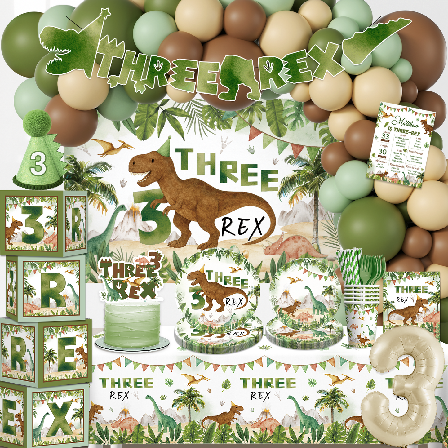 Cocomigo Three Rex Birthday Decorations For 25 Guests