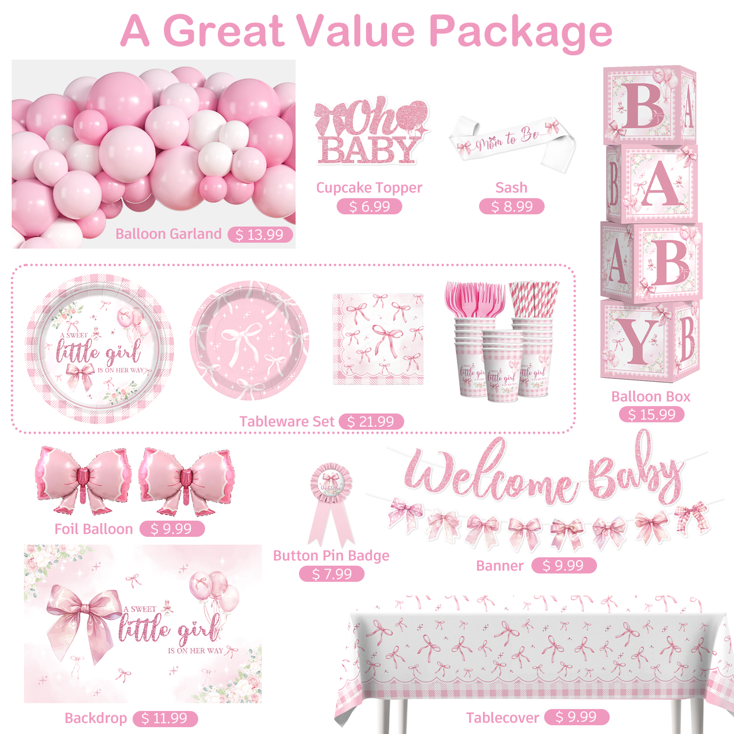Cocomigo Pink Bow Baby Shower Decorations For 20 Guests